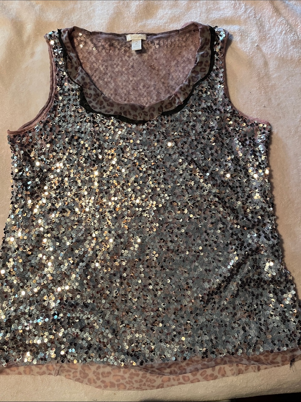 Chico's Sparkling Taupe Sequin Camisole with Leopard Trim